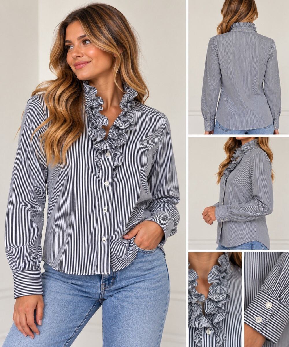 J.CREW Women’s Striped Cotton Ruffle Front Button Down Shirt Classic Fit 8